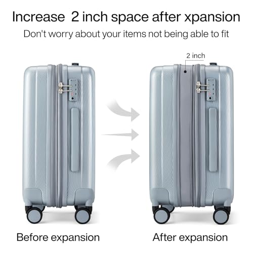 Hanke 20 Inch Expandable Carry on Luggage 22x14x9 Airline Approved Lightweight PC Hard Shell Suitcases with Wheels Travel Luggage Rolling Suitcase Travel Luggage Bag for Weekender(Gray)