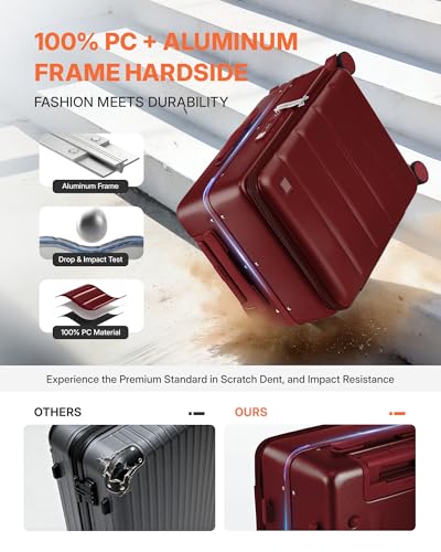 ISLAND ELEPHANT 20 Inch Carry On Luggage with Cup Holder and USB Port, Top Opening Hard Shell Suitcase with TSA Lock, Spinner Wheels, Airline Approved Lightweight, Woman Men Gifts-Wine Red