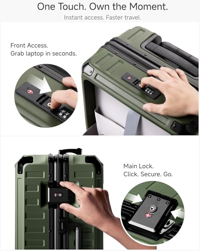 LUGGEX Zipperless Carry On Luggage with Spinner Wheels 22.5" x 15.5" x 9.6", SF81 Aluminum Polycarbonate Hard Shell Front Opening Suitcase, TSA & Cup Holder (ZX-Pro, Olive Green)