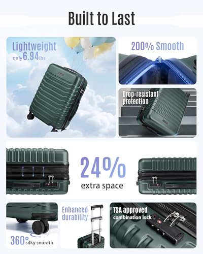 LIGHT FLIGHT Expandable Carry On Luggage 22x14x9 Airline Approved with Double Spinner Wheels, 20 Inch Lightweight Hard Shell Rolling Suitcases with TSA Lock, Pine Green