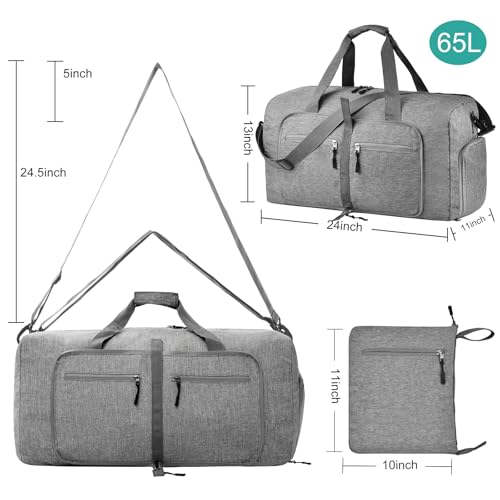 Dimayar 65L Travel Duffle Bag for Men Women - Foldable Duffel Bag with Shoes Compartment - Overnight Bags Waterproof & Tear Resistant(Gray)