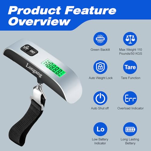 Digital Hanging Luggage Scale with Backlit for Travel, Portable Handheld Suitcase Weight Scale with Hook, 110 Pounds, Battery Included