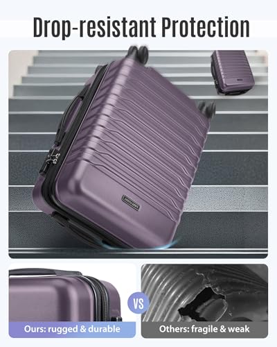 LIGHT FLIGHT Expandable Carry On Luggage 22x14x9 Airline Approved with Double Spinner Wheels, 20 Inch Lightweight Hard Shell Rolling Suitcases with TSA Lock, Purple