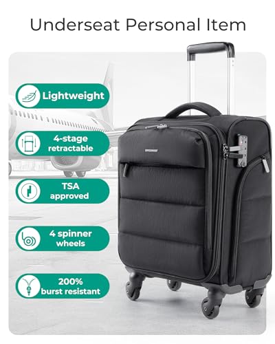 BAGSMART Underseat Carry on Luggage with Wheels, Soft Small Travel Luggage with PVC Wet/Dry Pockets, Lightweight Soft Personal Item Suitcase for Short Trip, Black