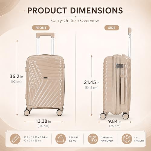 20 In Carry On Luggage with TSA Lock, 22x14x9 Airline Approved Hardside Suitcase, Lightweight PP Travel Luggage with 360° Silent Spinner Wheels, Anti-Burst Zipper for Business (Champagne Chevron)