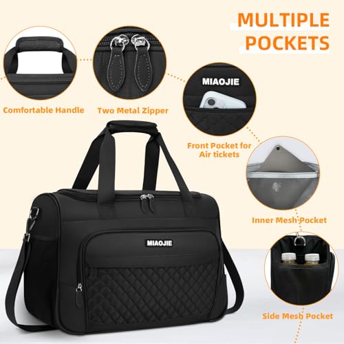 Travel Duffle Bag for Women, Underseat Carry On luggage Bag Foldable Overnight Weekender Hospital Bag Lightweight Airplanes Personal Item Travel Tote Bag for Women Birthday Gifts, 16IN Black