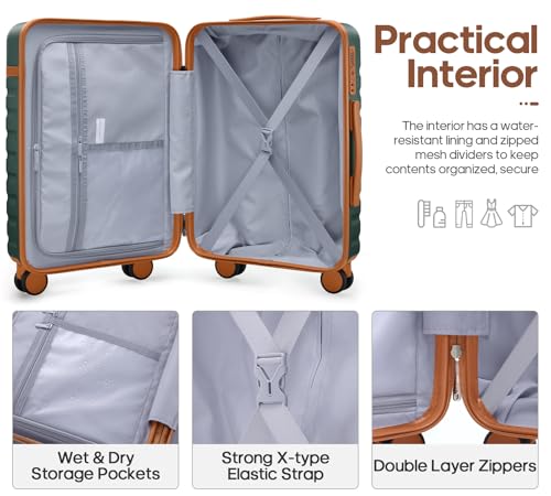 UKEIN Luggage Sets 3 Piece, Carry On Luggage 20In With Spinner Wheels,PC Hardside Suitcase Set with TSA Lock,Durable Carry On Suitcase With Travel Backpack for Men (Green, 3 piece set (20inch))