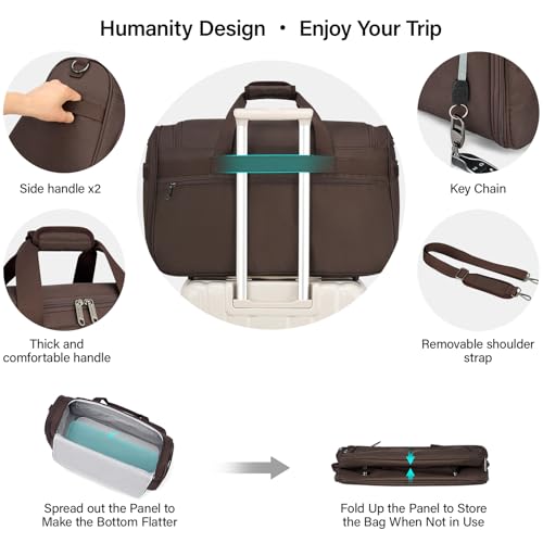 Hanke Large Capacity Travel Duffel Bag, Carry On Luggage with 12 Pockets, 17 Inch Laptop Compartment, Wet Dry Separation & Independent Shoe Bag, Lightweight Foldable Duffel Bag for Women Men（Coffee）