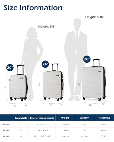 Coolife Carry On Luggage 22x14x9 Airline Approved Hardside PC+ABS Suitcase with TSA Lock, Lightweight Rolling Travel Luggage with Spinner Wheels(White, 20in)
