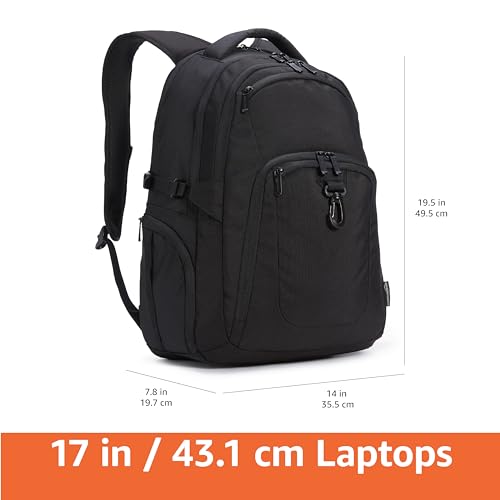 Amazon Basics Travel Laptop Backpack with Multiple Pockets and Compartments for 17 in / 43.1 cm Laptop, Water Resistant, Spacious with Padded Shoulder Straps, Black