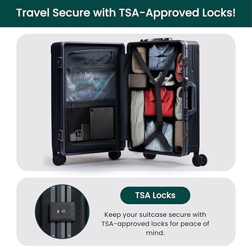 Nobl Travel Carry On Luggage, Noble Zipperless Aluminum Frame, 22.5x15x9.5, 360 Degree Spinner Wheels, TSA Locks, USB Charging Port, Cup & Phone Holder - Jet Black