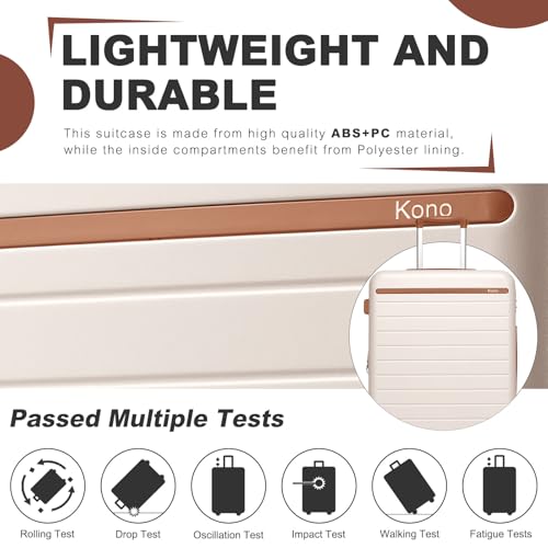Kono Expandable 20 Inch Carry On Suitcase Airline Approved, Lightweight ABS+PC Hardshell Luggage with 360° Silent Spinner Wheels, Cream/Brown