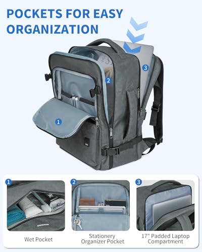 WANDF Travel Backpack For Spirit Airlines Personal Item Bag 18x14x8 with Wet Pocket, 17 Inch Laptop Backpack for Men Women（Grey）