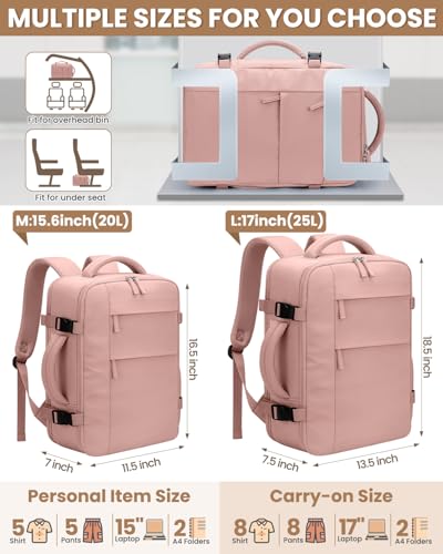 Pritent Travel Backpack for Women Man, Waterproof Personal Item Travel Bag Airline Approved Laptop Backpack Bookbag Weekender bags for Business,Travel, Work Fits 15.6 inch Laptop(Medium,Pink)