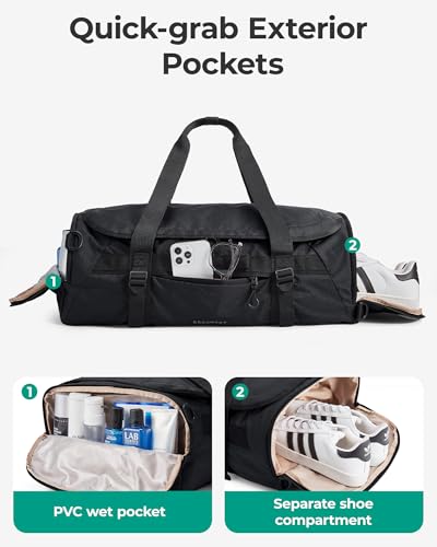 BAGSMART 4-IN-1 Duffle Bag for Travel, 40L Travel Bag Gym Duffle, TSA Carry on Backpack with Shoes Compartment & Wet Pocket, Water-resistant Workout Duffel, Camel