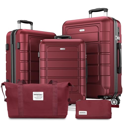 SHOWKOO Luggage Sets with Duffle Bag Expandable 100% PC Durable Suitcase Double Wheels TSA Lock 5pcs Wine Red