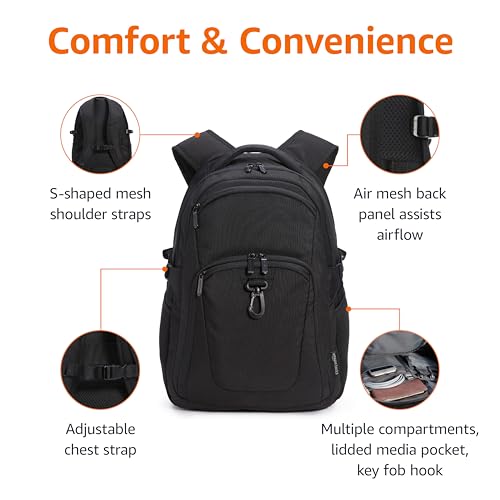 Amazon Basics Travel Laptop Backpack with Multiple Pockets and Compartments for 15.6 inch Laptop, Water Resistant, Spacious with Padded Shoulder Straps, Black
