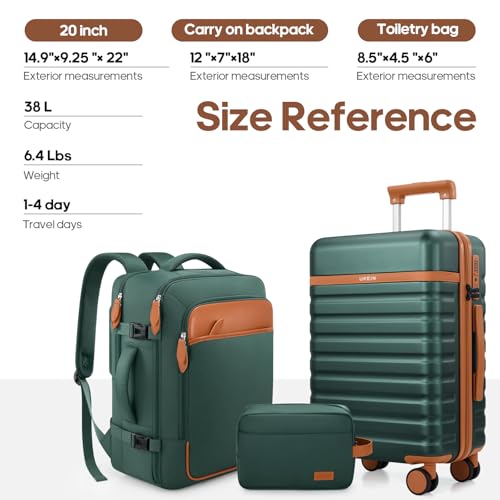 UKEIN Luggage Sets 3 Piece, Carry On Luggage 20In With Spinner Wheels,PC Hardside Suitcase Set with TSA Lock,Durable Carry On Suitcase With Travel Backpack for Men (Green, 3 piece set (20inch))