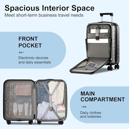 CENSIEN Carry On Luggage 22×14×9 Airline Approved, 20 Inch Lightweight ABS+PC Hard Shell Suitcases with Front Pocket, Spinner Wheels, TSA Lock (Dark Gray, 1PC)