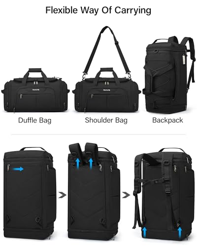 Hanke Expandable Carry On Luggage Bag,3 in 1 Duffle Bag for Travel,45L-55L Weekender Overnight Bag with 15.6" Compartment for Women & Men (Black)