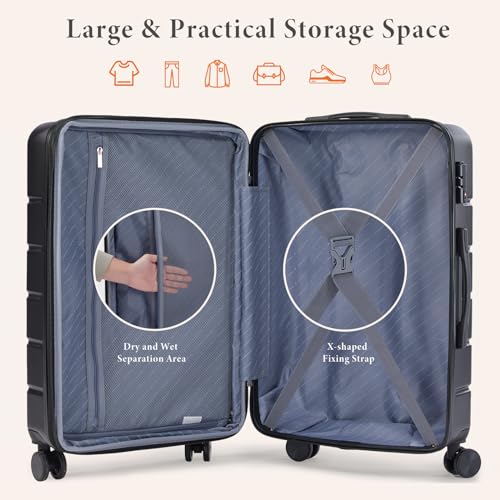 Sweetcrispy 20 Inch Carry On Luggage, Lightweight ABS Rolling Hard Shell Suitcase with Quiet Spinner Wheels, Built-in TSA Lock, Portable Travel Suitcase for Business Trip & Vacation Use, Black