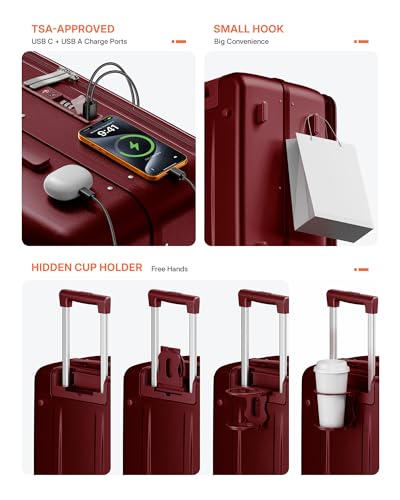 ISLAND ELEPHANT 20 Inch Carry On Luggage with Cup Holder and USB Port, Top Opening Hard Shell Suitcase with TSA Lock, Spinner Wheels, Airline Approved Lightweight, Woman Men Gifts-Wine Red