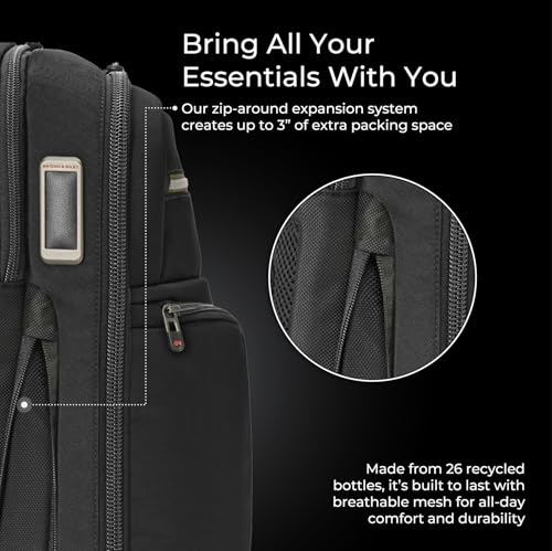Briggs & Riley Slim Expandable Backpack - Carry On Travel Backpack for Women & Men, Personal Item Bag, Self-Repairing Zippers, Padded Straps, Fits up to 16" Laptop - HTA Collection, Black
