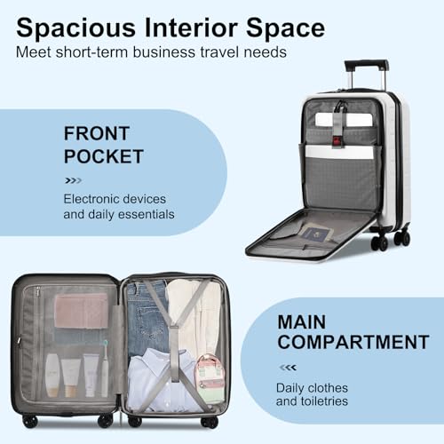 CENSIEN Carry On Luggage 22×14×9 Airline Approved, 20 Inch Lightweight ABS+PC Hard Shell Suitcases with Front Pocket, Spinner Wheels, TSA Lock (White, 1PC)