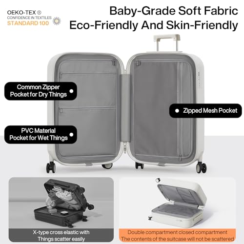 mixi Carry On Luggage with Cup Phone Holder Hard Shell Rolling Travel Suitcase with Spinner Wheels,20 Inch Smoke White