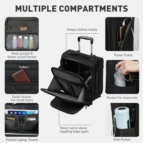 TIAWOLT 16 Inch Underseat Carry on Luggage With Wheels Soft side Lightweight Business Travel Small Suitcases Bag with TSA lock for Airlines,Men Women, Pilots Crew,Black