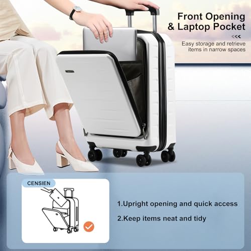 CENSIEN Carry On Luggage 22×14×9 Airline Approved, 20 Inch Lightweight ABS+PC Hard Shell Suitcases with Front Pocket, Spinner Wheels, TSA Lock (White, 1PC)