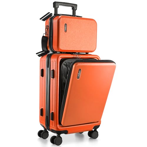 TRAVELARIM 20 Inch Carry On Luggage 22x14x9 Airline Approved, Carry On Suitcase with Wheels, Hard-shell Carry-on Luggage, Orange Small Suitcase, Hardside Luggage Carry On with Cosmetic Carry On Bag