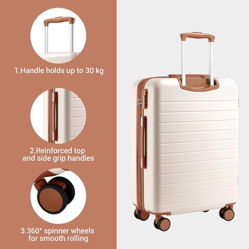 Kono Expandable 20 Inch Carry On Suitcase Airline Approved, Lightweight ABS+PC Hardshell Luggage with 360° Silent Spinner Wheels, Cream/Brown