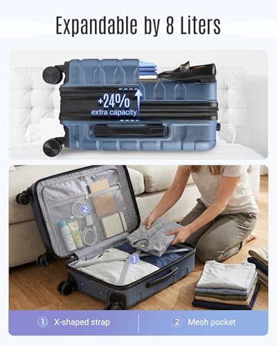 LIGHT FLIGHT Carry On Luggage 22x14x9 Airline Approved, Expandable Carry On Suitcases with Wheels, Lightweight Luggage, Durable Hard Shell 20 Inch Rolling Suit Case for Men Women Travel,Royal Blue