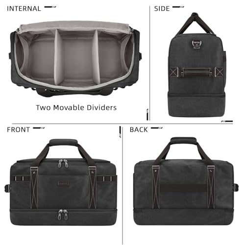 ZOMFELT Travel Duffle Bag for Men, 45L Carry On Luggage 22x14x9 Airline Approved, Waterproof Canvas Overnight Duffel Bag with Removable Dividers, Weekender Gym bag with Shoe Pocket (Washed Black)