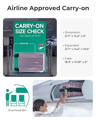 BAGSMART Expandable Carry On Luggage 22x14x9 Airline Approved, 20 Inch Travel Luggage with Spinner Wheels, Lightweight Hard Shell Suitcase Carry on Lavender Purple