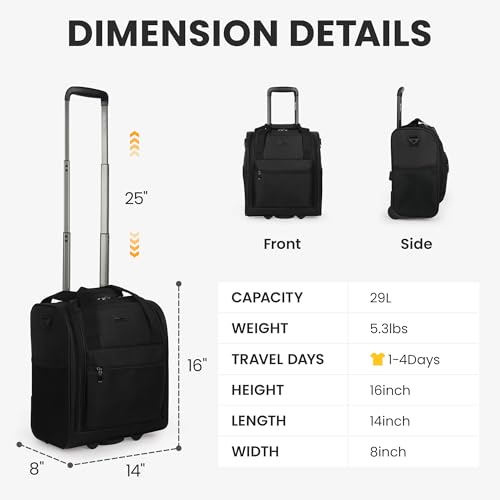 16'' Softside Carry-On Luggage for Airplane,3-in-1 Underseat Carry On Luggage with Wheels,Scratch-Resistant Surface,Lightweight Durable Rolling Suitcase for Men/Women Business Trip（16'',Black）