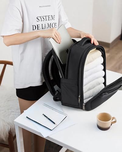 Hanke Expandable Travel Backpack 16 Inch, Full-Open Laptop Backpack Fits 15.6 Inch, Carry On Personal Item Bag with Luggage Strap, Business Work Backpack for Women Men, Black