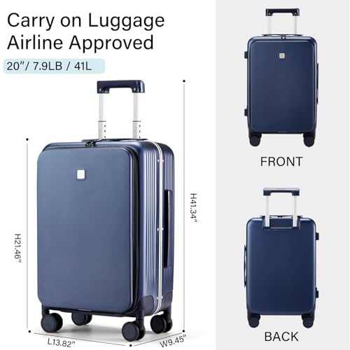 Hanke 20 Inch Carry On Luggage with Front Pocket Aluminum Frame, Hard Shell Suitcases with Wheels, Rolling Luggage, Suitcase with Lock, Travel Luggage for Weekender, Dark Blue
