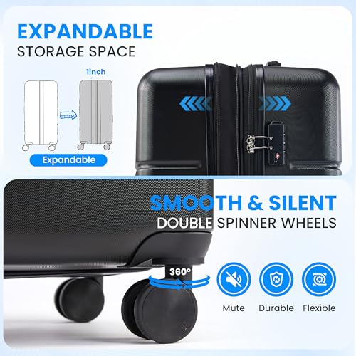Simple Deluxe 20 Inch Hardside Carry On Luggage, Suitcase with Double Spinner Wheels & TSA Lock, Hard Shell Suitcase, Expandable Rolling Lightweight Luggage, Black