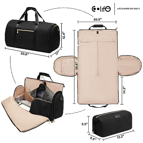 Coolife Garment Bag Carry On Convertible Travel Duffel Bag with Shoe Pouch Weekender Bag for Women Men 2 in 1 Hanging Suit Bag with Shoulder Strap Business Travel Bag (Black, Standard)