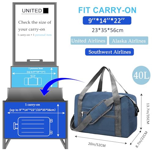lifwimner Foldable Carry on Luggage Bag 22x14x9 Personal Item Bag for Airplanes Travel Duffel Bag for Women and Men (40L, Navy)