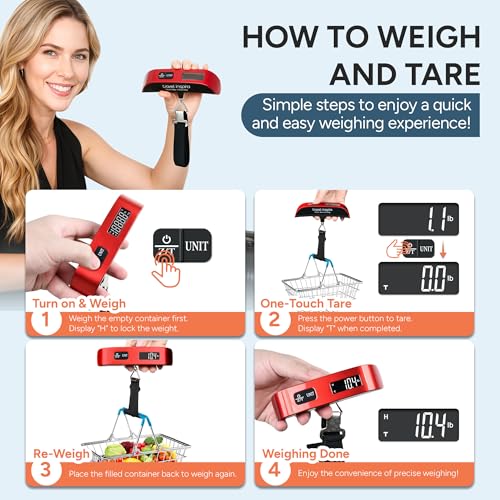 travel inspira Luggage Scale, Portable Digital Hanging Baggage Scale for Travel, Suitcase Weight Scale with Rubber Paint, 110 Pounds, Battery Included - Red