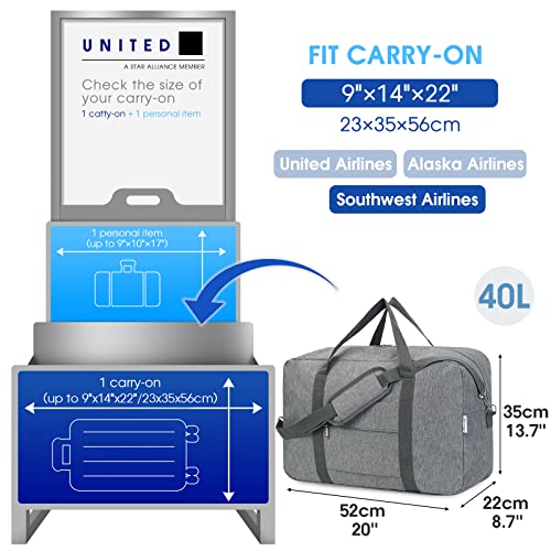 Narwey Foldable Carry on Luggage 22x14x9 Airline Approved Duffle Bag for Travel Packable Duffel Bag for Traveling Airplane for Women and Men 40L (Grey (With Shoulder Strap))