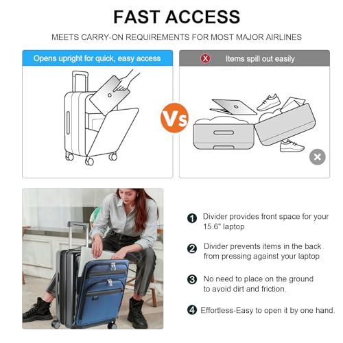 KROSER Hardside Expandable Carry On Luggage 22x14x9 Airline Approved With Front Business Pockets, 20 Inch Suitcases with Wheels, Carry on Suitcase with TSA Lock & USB Port, Black-Haze Blue
