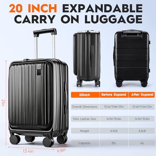 Expandable Top Opening 20 Inch Carry On Luggage with Laptop Compartment – Polycarbonate Hard Shell Suitcase, TSA Lock & Spinner Wheels (Black)