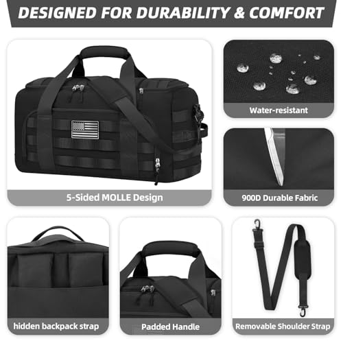 ZOMFELT Tactical Gym Bags for Men, 22x14x9 Carry On Luggage Duffle Bag for Travel, 3-in-1 Sports Basketball Soccer Bag with Removable Dividers & Shoe Compartment, Weekender Overnight Travel bag, Black
