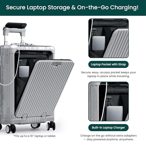 Nobl Travel Carry On Luggage, Noble Zipperless Aluminum Frame PC Hard Shell Suitcase, 22.5x15x9.5 Airline Approved, 360° Spinner Wheels, TSA Locks, USB Charging Port, Cup & Phone Holder - Silver