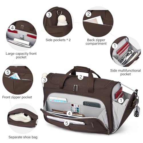 Hanke Large Capacity Travel Duffel Bag, Carry On Luggage with 12 Pockets, 17 Inch Laptop Compartment, Wet Dry Separation & Independent Shoe Bag, Lightweight Foldable Duffel Bag for Women Men（Coffee）