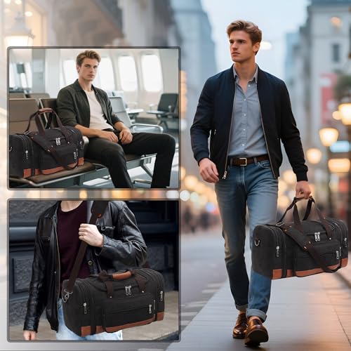 Voylic Men'S Duffle Bag For Travel, Expandable Canvas Duffel Bags Overnight Weekend Gym Carry On Luggage Bag For Men(Black)